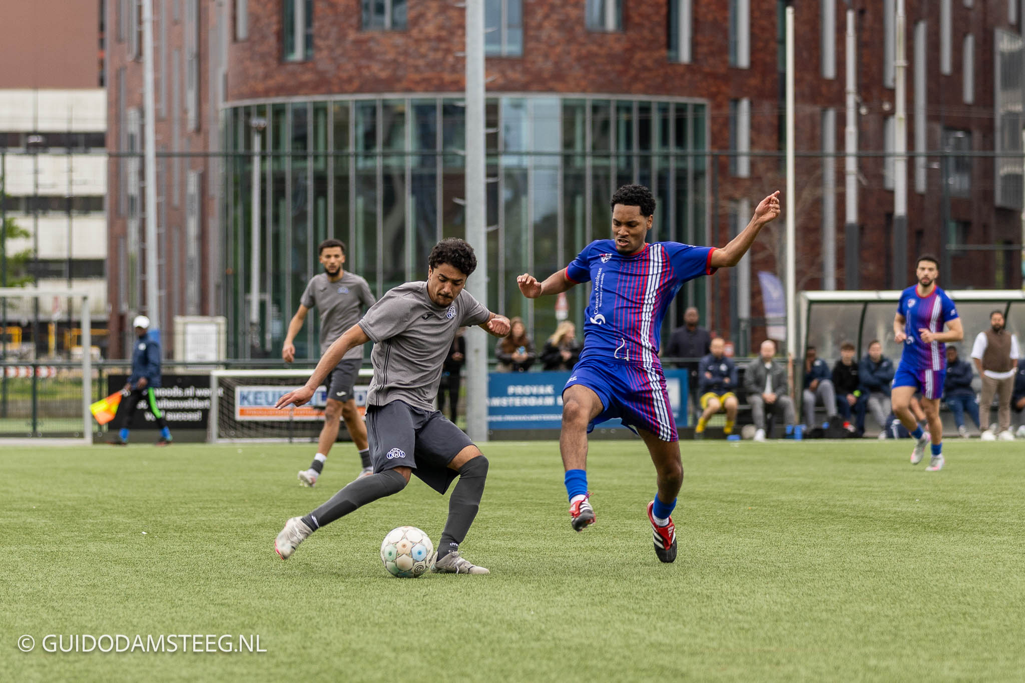 Soccer players chase a ball on a green field during a daytime match, with a gray team player ahead of a blue-striped opponent near the goal area in the background.